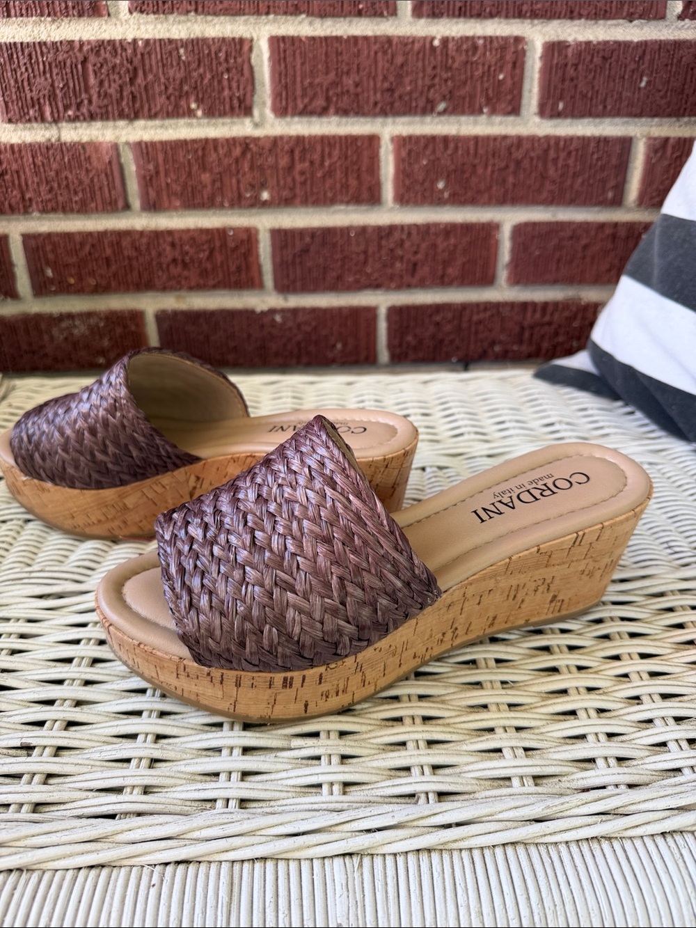 Cordani Chocolate Brown Woven Cork Wedge Slides - Picture 3 of 6